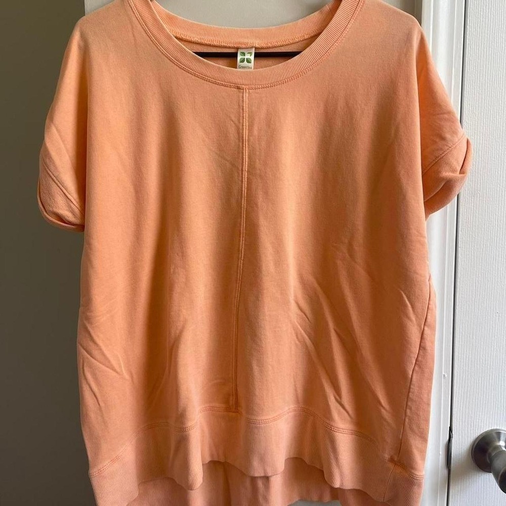 Green Tea Peach Short Sleeve Sweatshirt Top Crew Neck Cotton Modal FW10321D281
